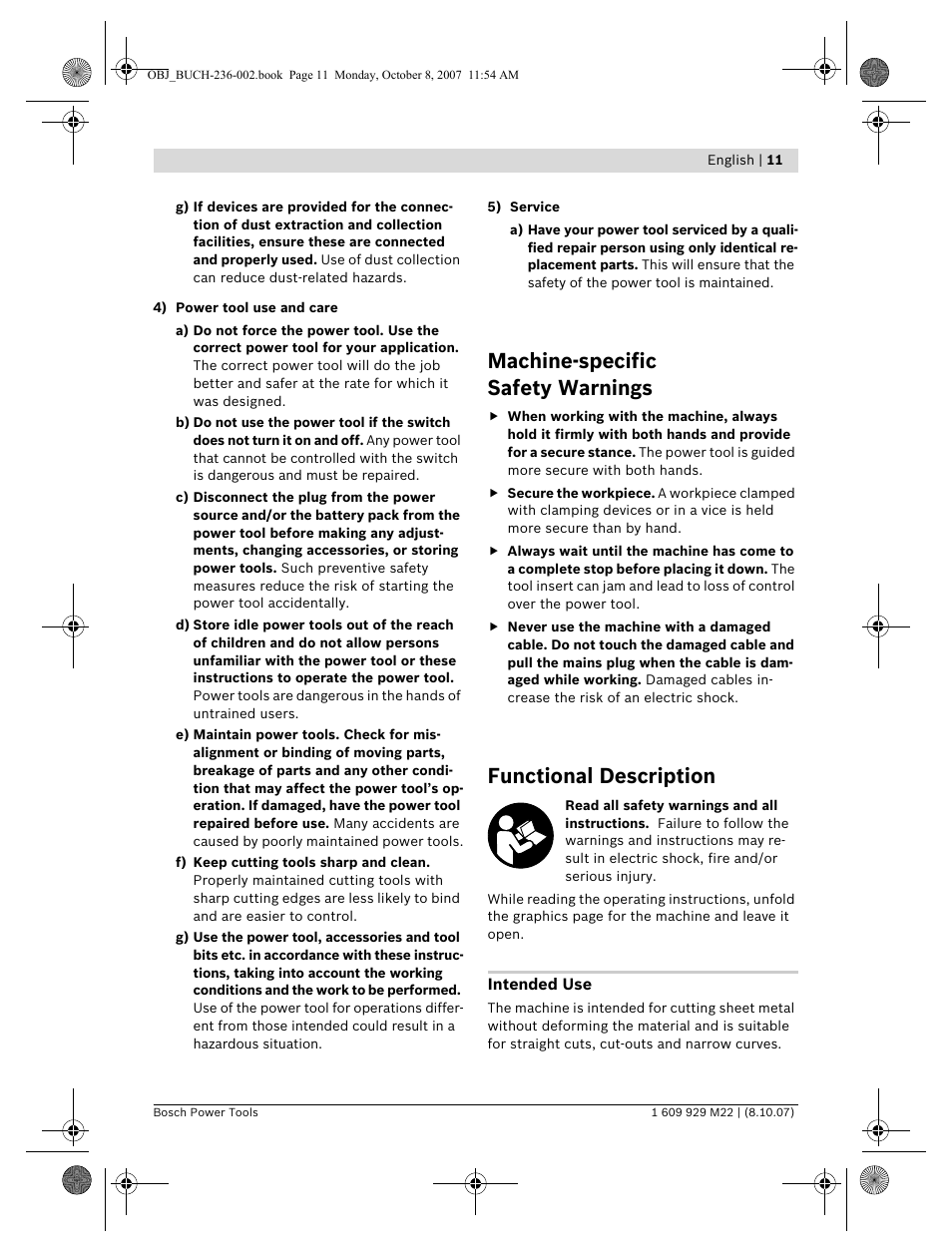 Machine-specific safety warnings, Functional description | Bosch GNA 2,0 Professional User Manual | Page 11 / 159