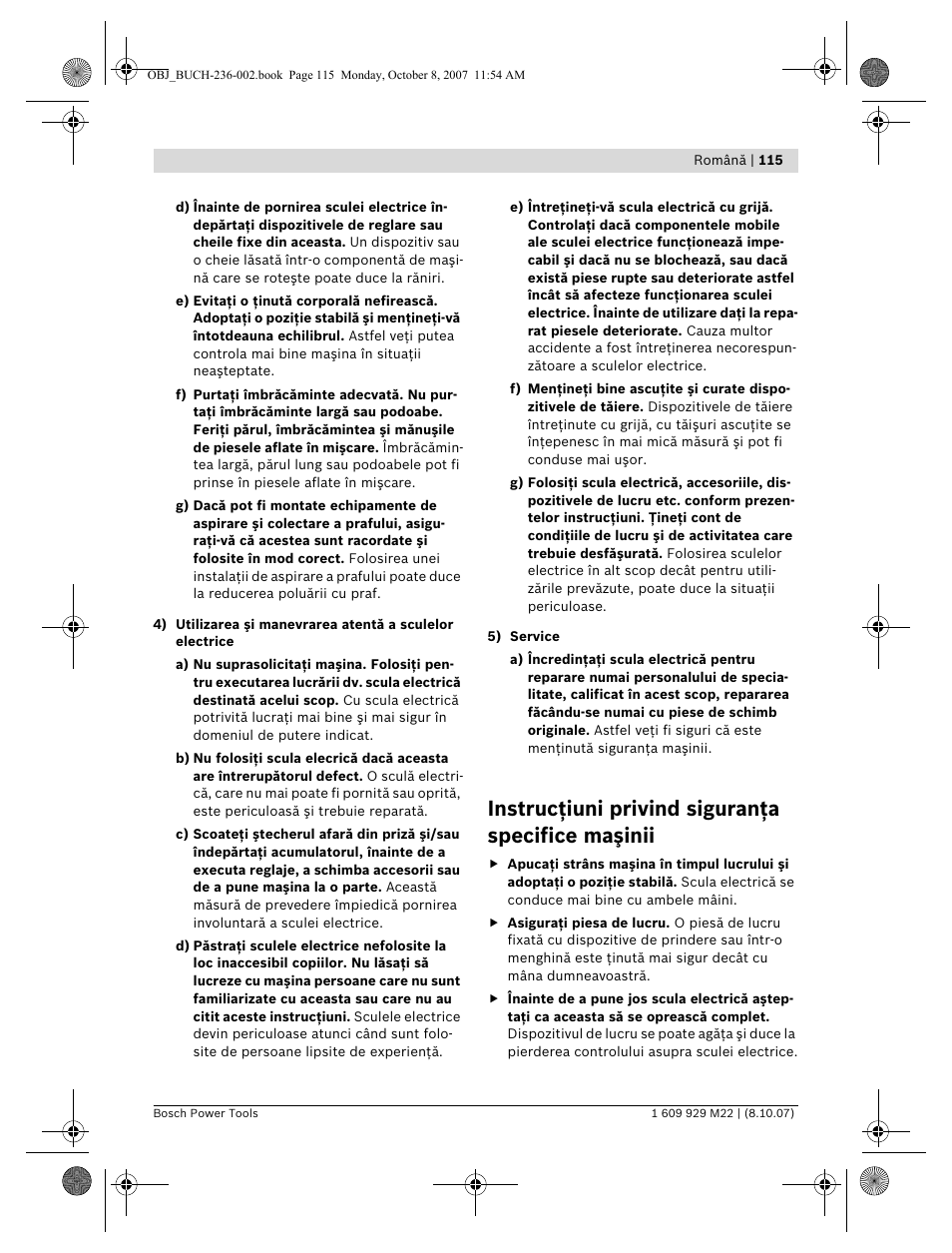 Instrucţiuni privind siguranţa specifice maşinii | Bosch GNA 2,0 Professional User Manual | Page 115 / 159