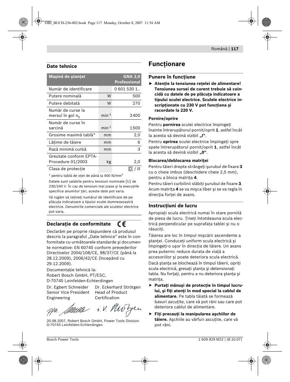 Funcţionare | Bosch GNA 2,0 Professional User Manual | Page 117 / 159