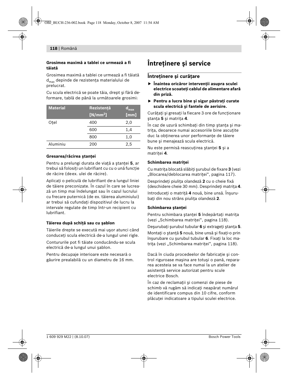 Întreţinere şi service | Bosch GNA 2,0 Professional User Manual | Page 118 / 159