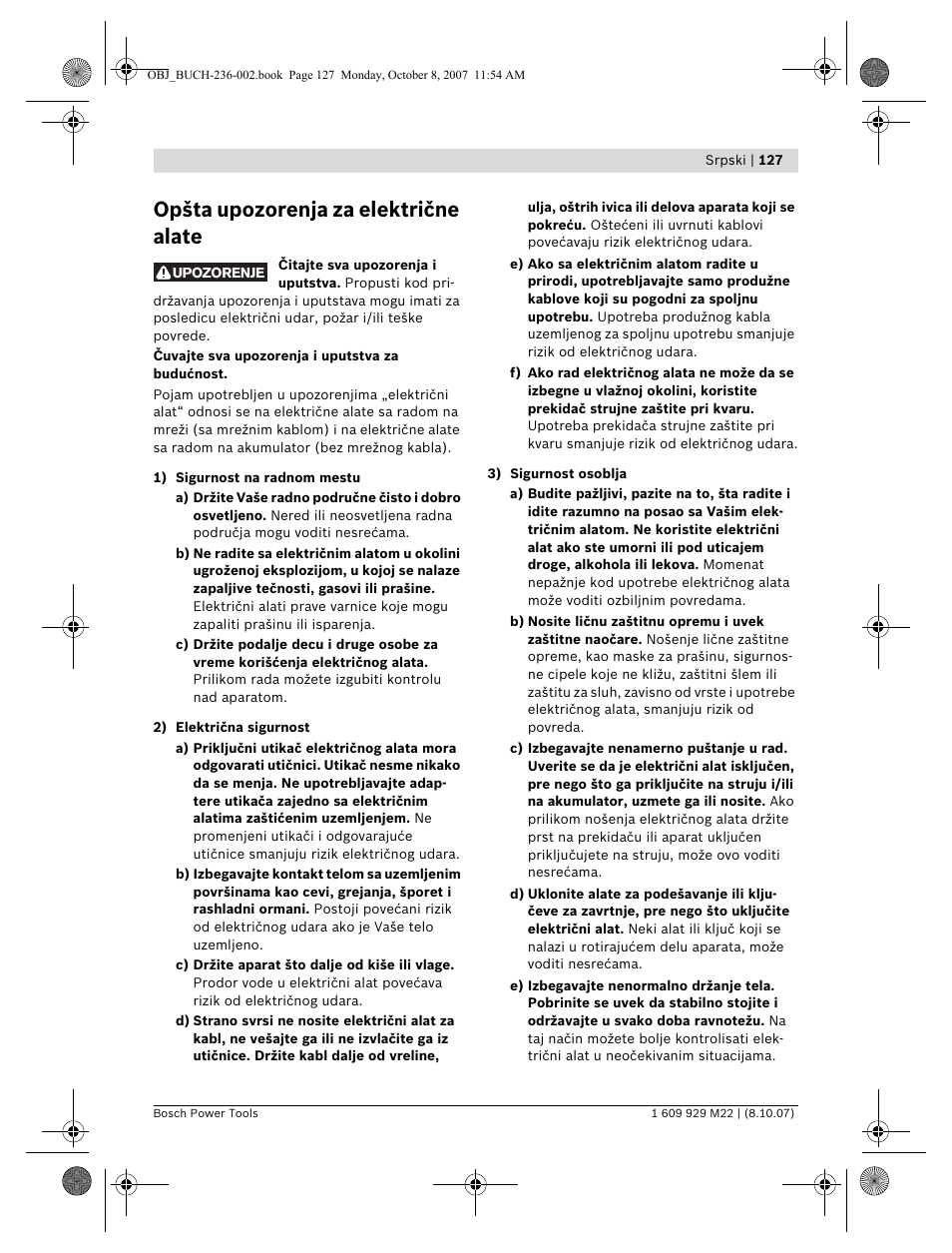 Opšta upozorenja za električne alate | Bosch GNA 2,0 Professional User Manual | Page 127 / 159