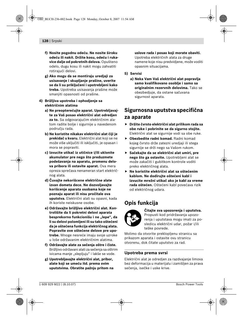 Sigurnosna uputstva specifična za aparate, Opis funkcija | Bosch GNA 2,0 Professional User Manual | Page 128 / 159