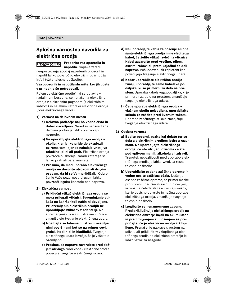 Splošna varnostna navodila za električna orodja | Bosch GNA 2,0 Professional User Manual | Page 132 / 159