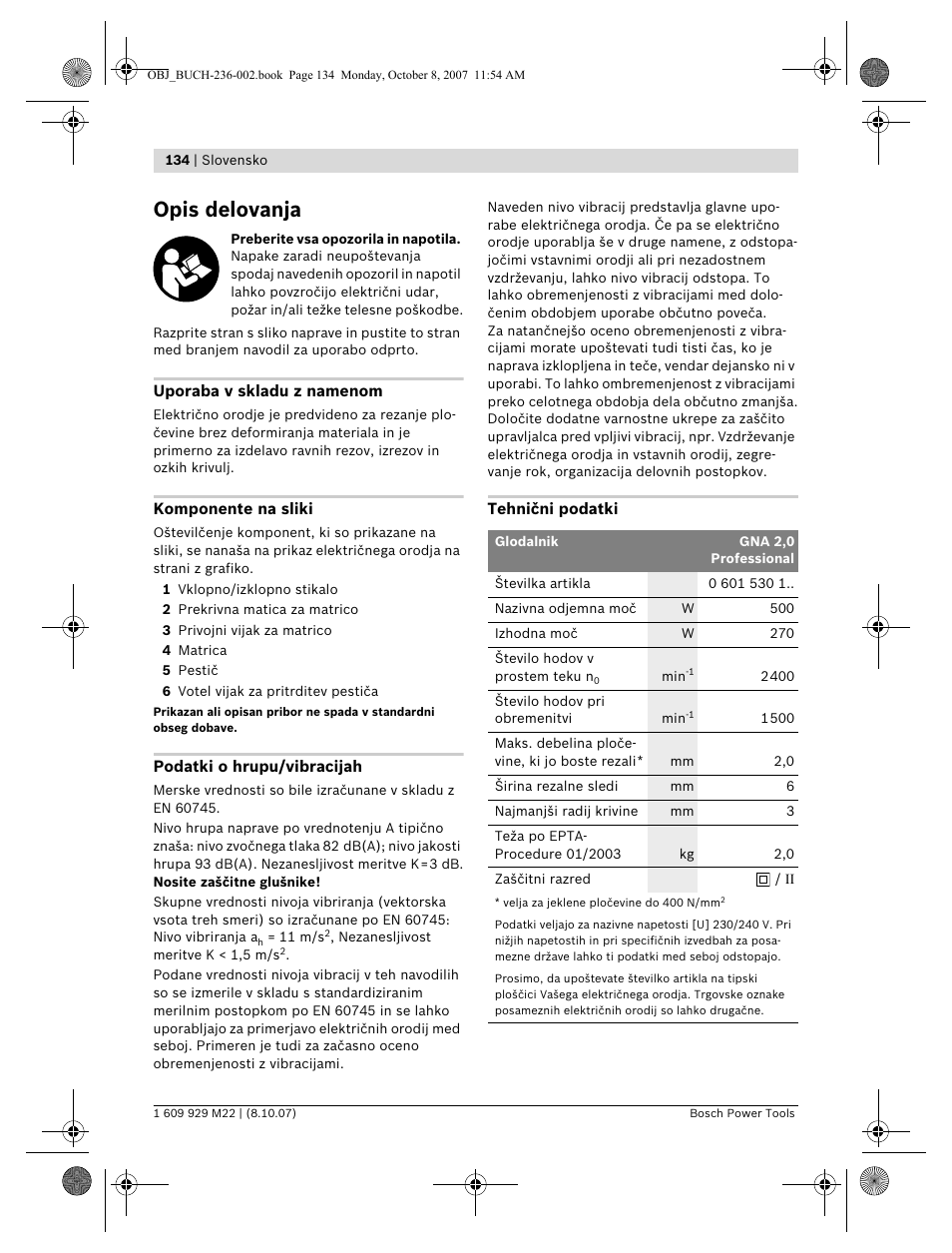 Opis delovanja | Bosch GNA 2,0 Professional User Manual | Page 134 / 159