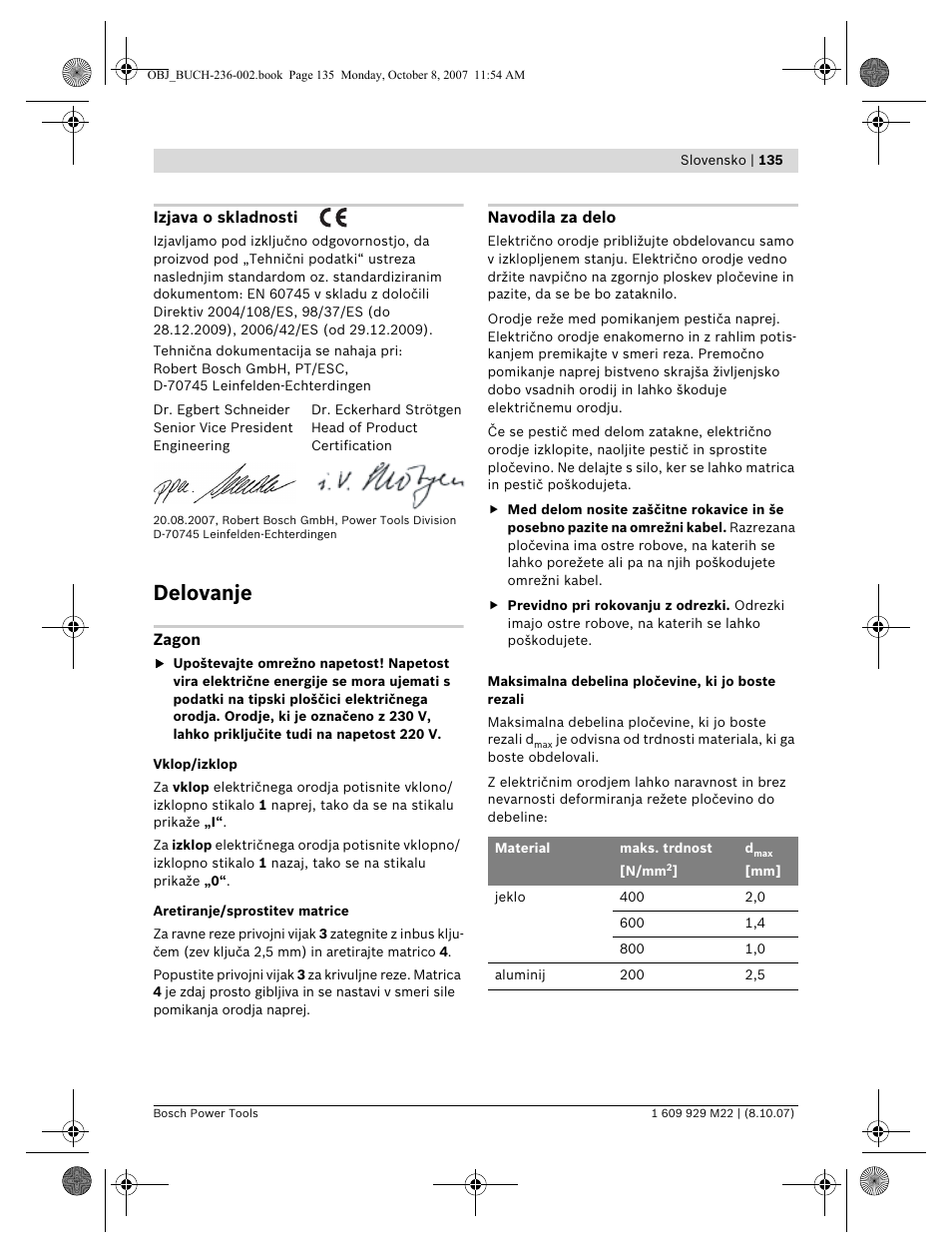 Delovanje | Bosch GNA 2,0 Professional User Manual | Page 135 / 159