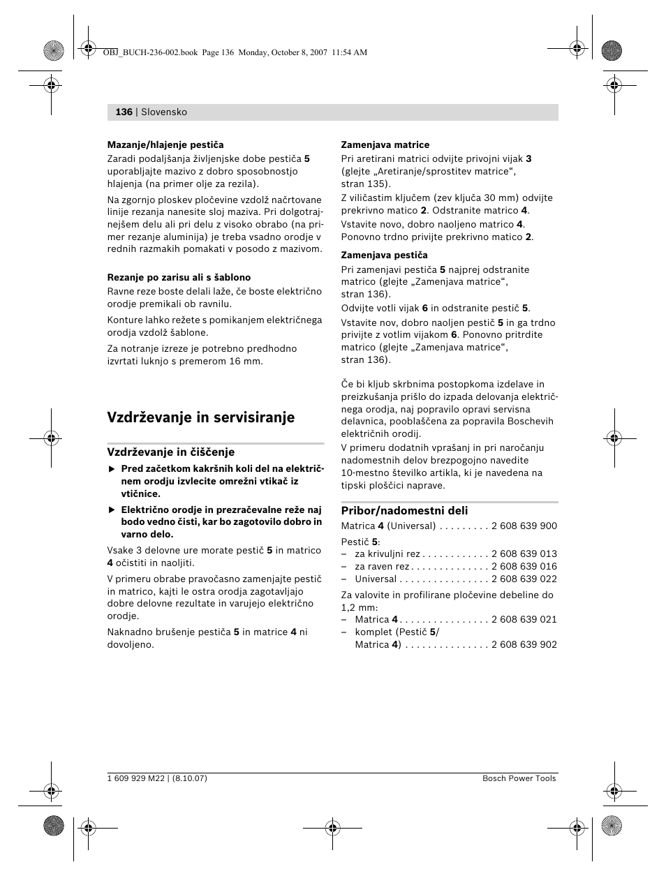 Vzdrževanje in servisiranje | Bosch GNA 2,0 Professional User Manual | Page 136 / 159