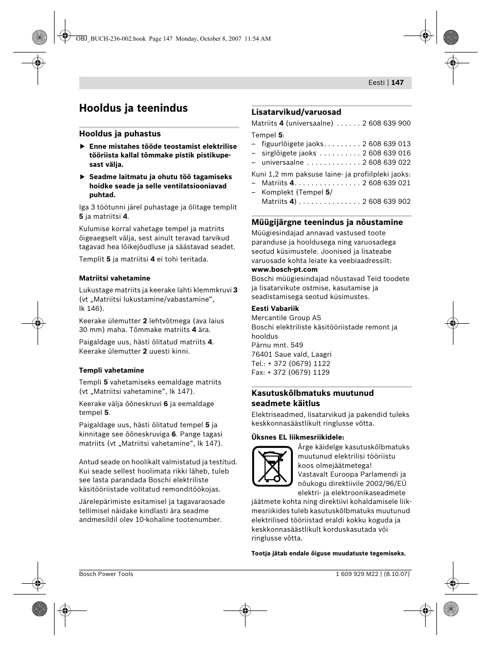 Hooldus ja teenindus | Bosch GNA 2,0 Professional User Manual | Page 147 / 159