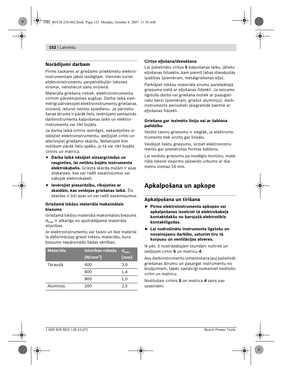 Apkalpošana un apkope | Bosch GNA 2,0 Professional User Manual | Page 152 / 159