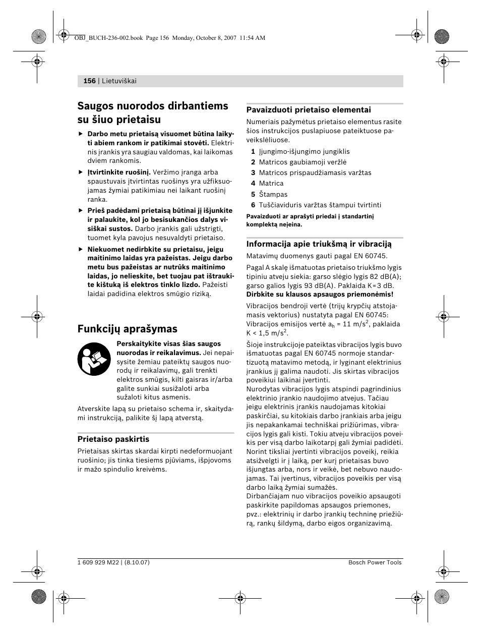 Saugos nuorodos dirbantiems su šiuo prietaisu, Funkcijų aprašymas | Bosch GNA 2,0 Professional User Manual | Page 156 / 159