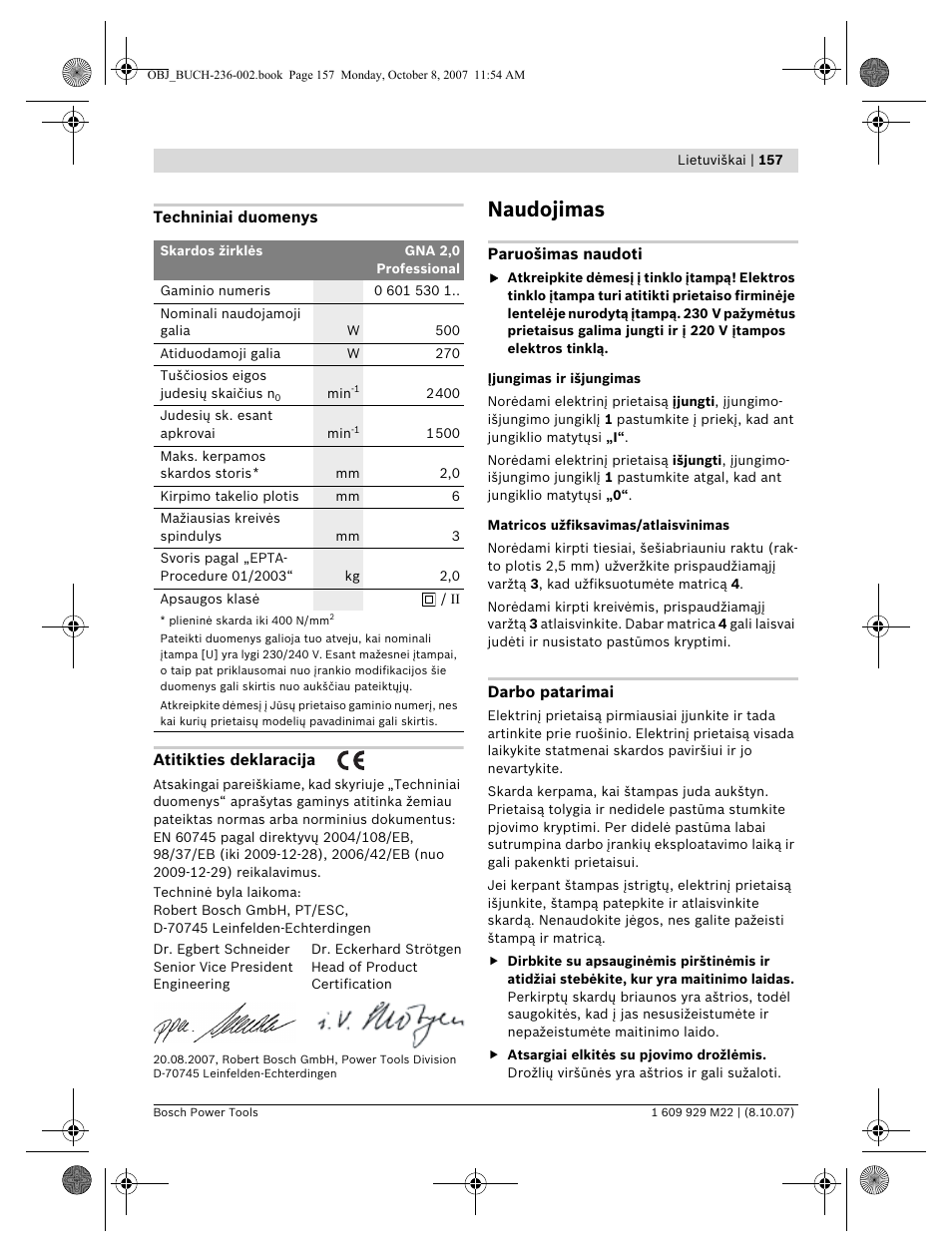 Naudojimas | Bosch GNA 2,0 Professional User Manual | Page 157 / 159