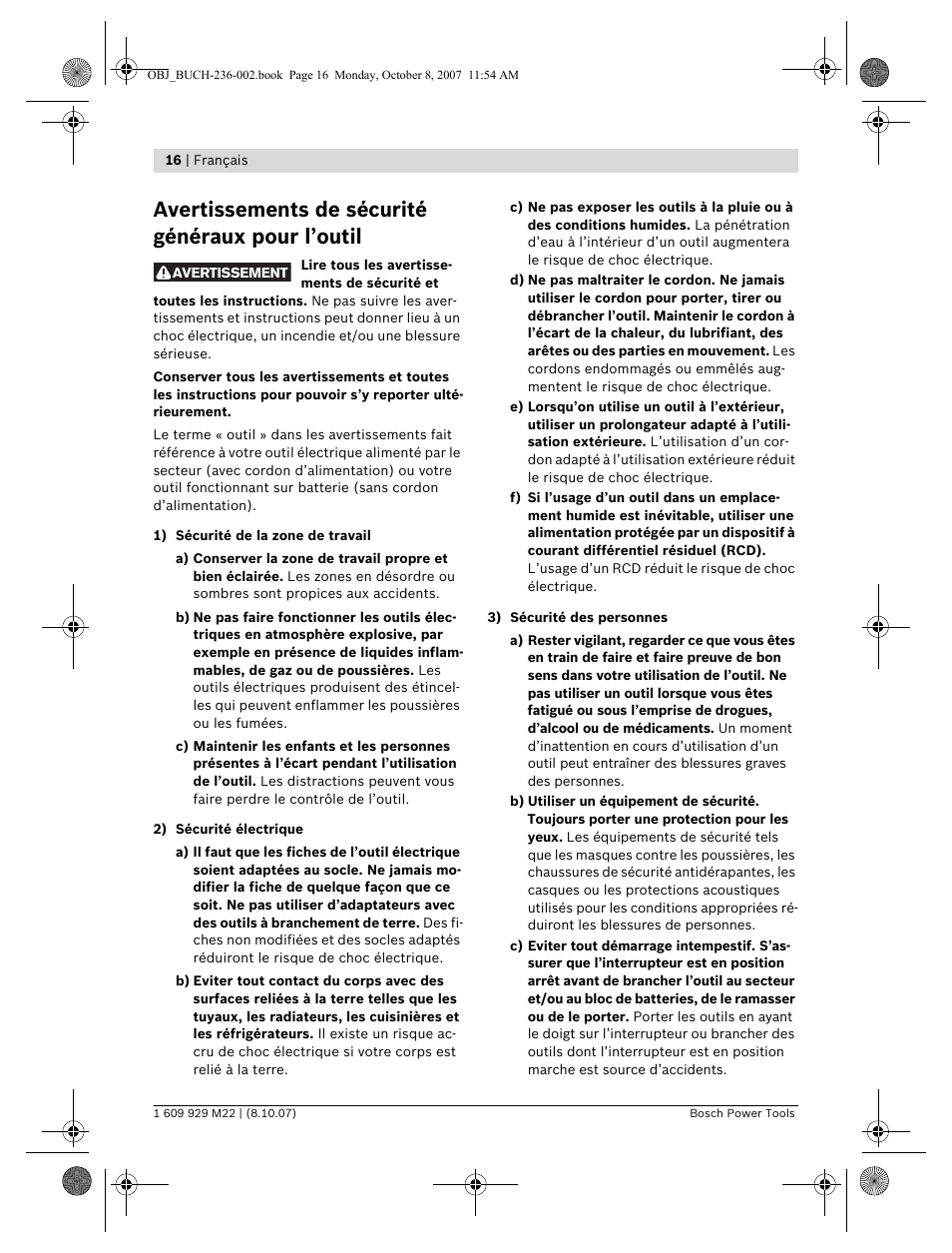 Avertissements de sécurité généraux pour l’outil | Bosch GNA 2,0 Professional User Manual | Page 16 / 159