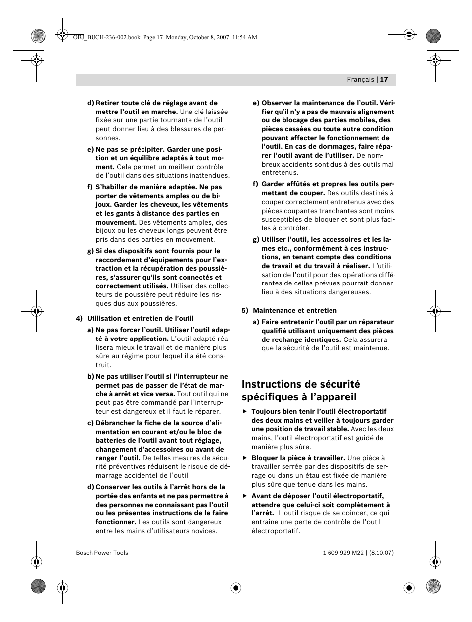 Instructions de sécurité spécifiques à l’appareil | Bosch GNA 2,0 Professional User Manual | Page 17 / 159