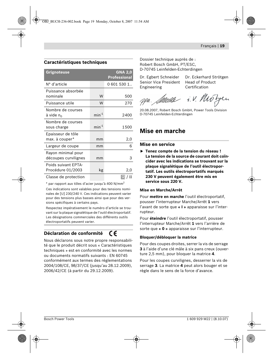 Mise en marche | Bosch GNA 2,0 Professional User Manual | Page 19 / 159