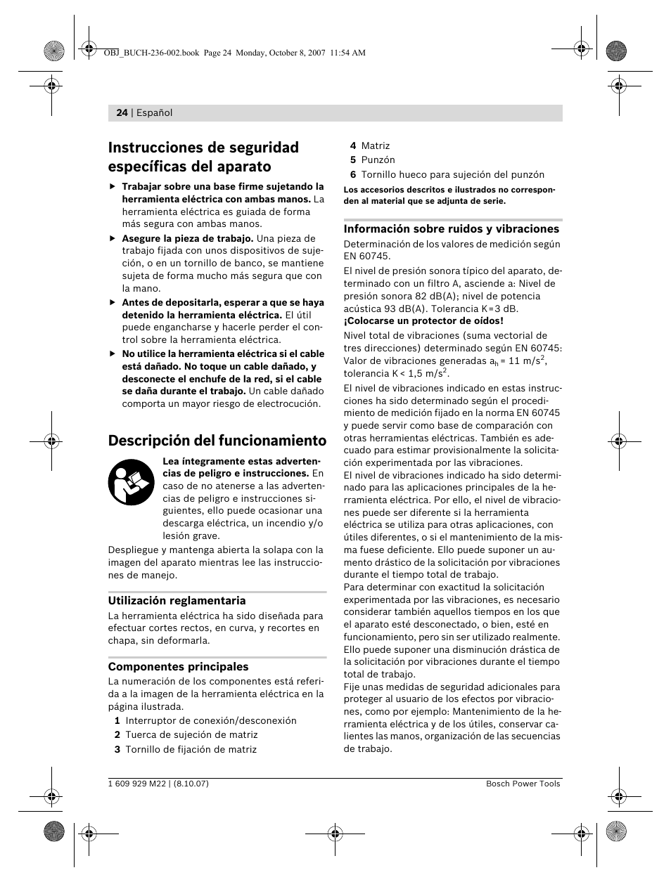 Instrucciones de seguridad específicas del aparato, Descripción del funcionamiento | Bosch GNA 2,0 Professional User Manual | Page 24 / 159