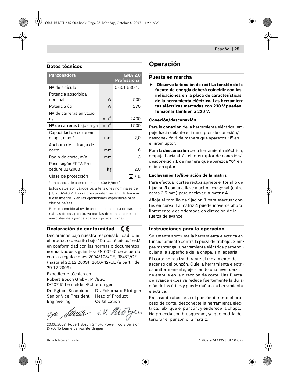 Operación | Bosch GNA 2,0 Professional User Manual | Page 25 / 159