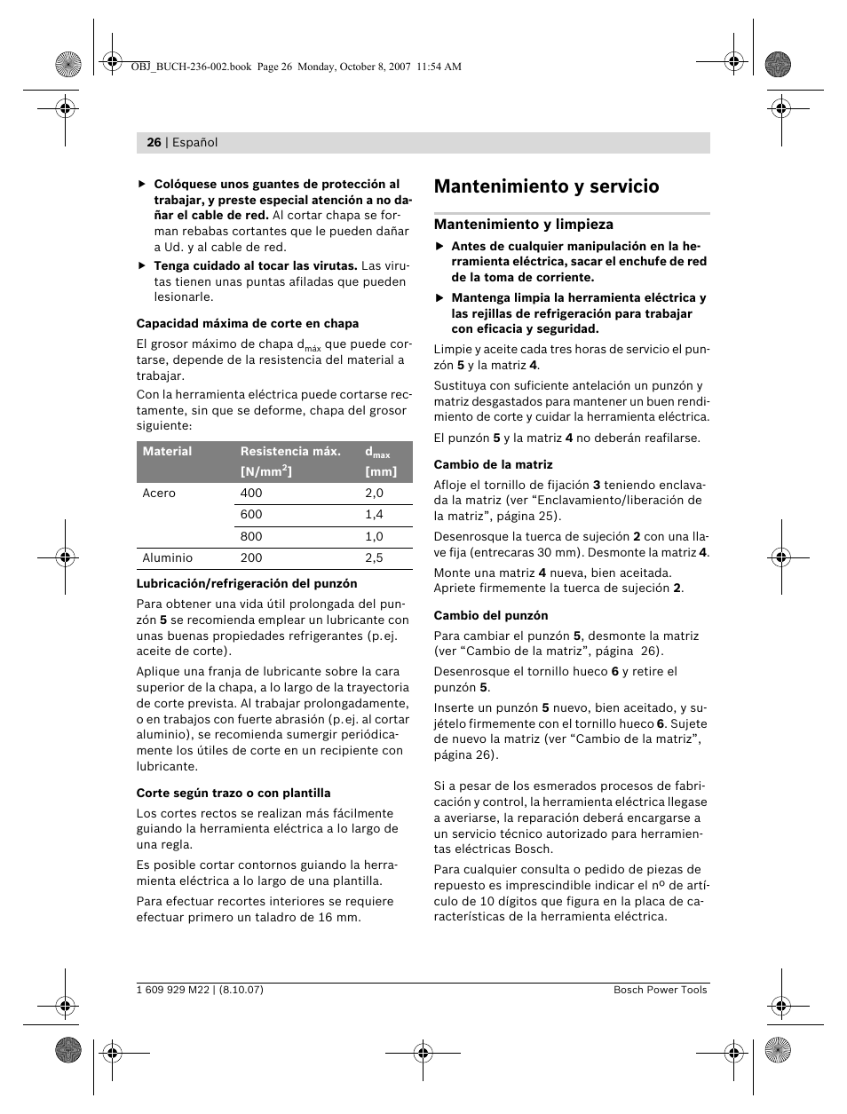 Mantenimiento y servicio | Bosch GNA 2,0 Professional User Manual | Page 26 / 159