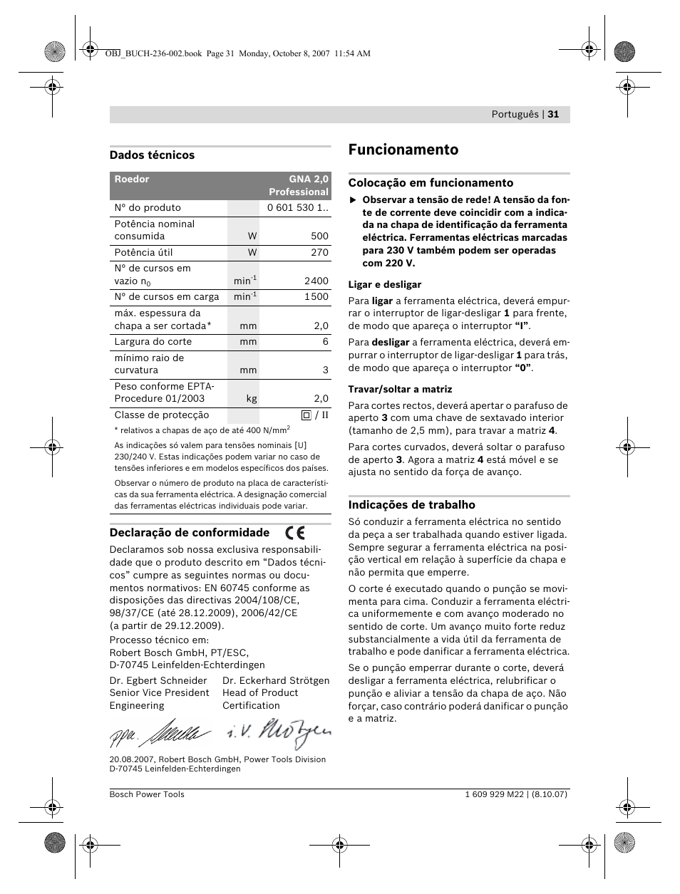 Funcionamento | Bosch GNA 2,0 Professional User Manual | Page 31 / 159