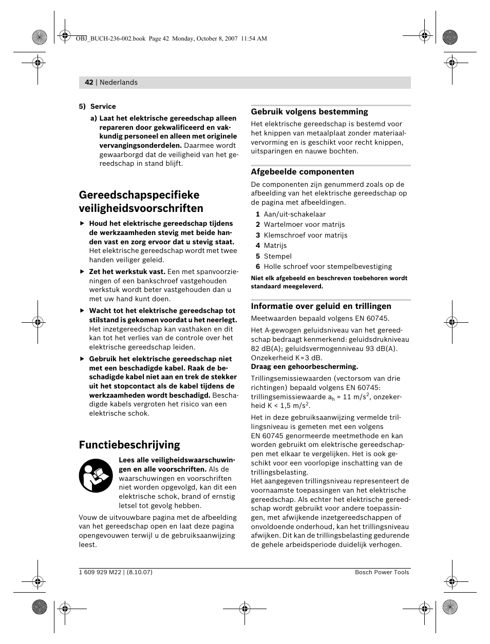 Gereedschapspecifieke veiligheidsvoorschriften, Functiebeschrijving | Bosch GNA 2,0 Professional User Manual | Page 42 / 159