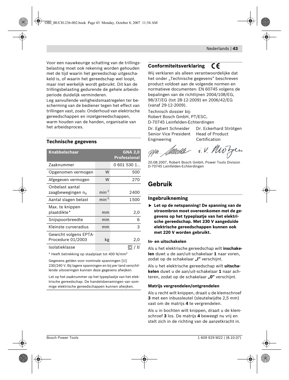 Gebruik | Bosch GNA 2,0 Professional User Manual | Page 43 / 159