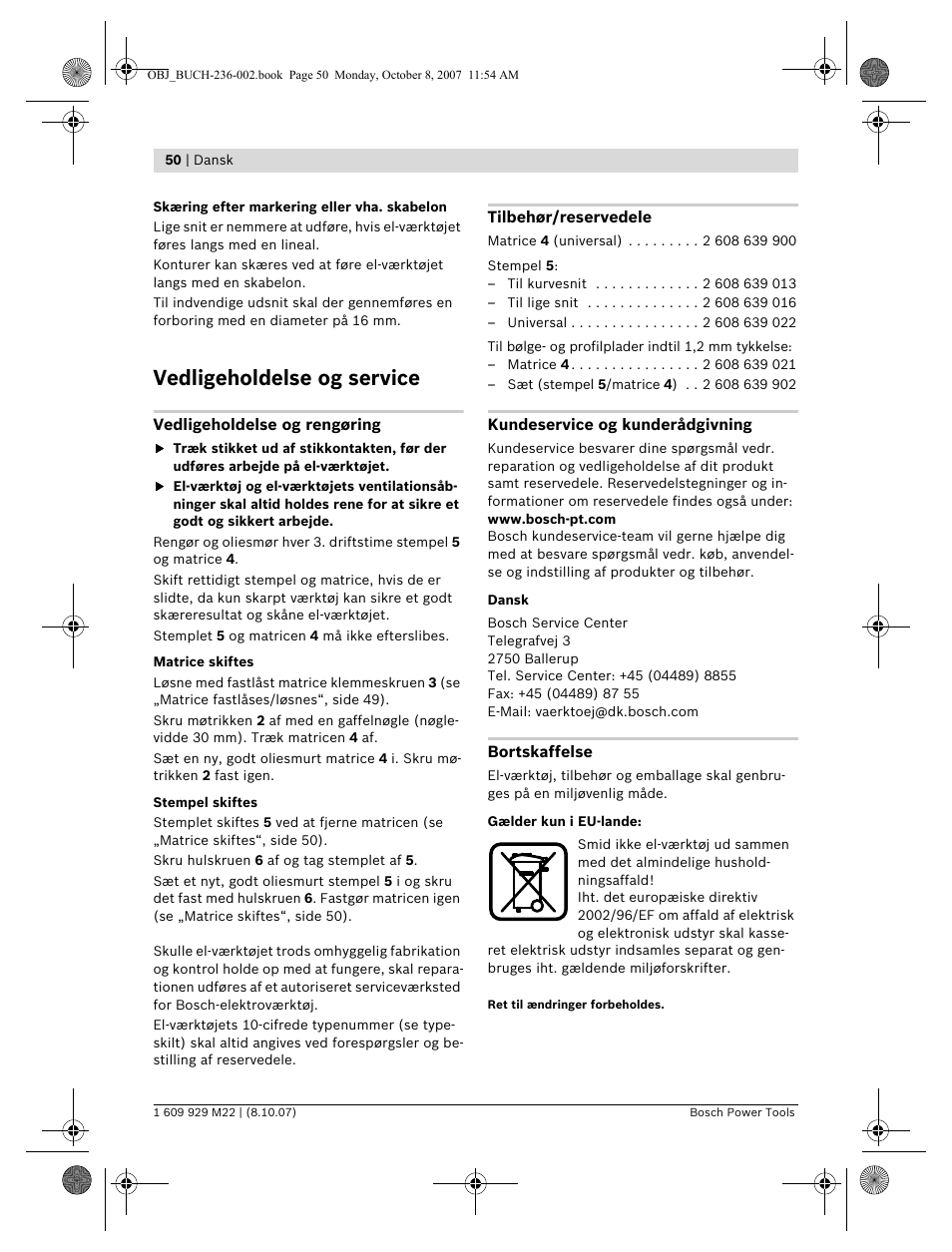 Vedligeholdelse og service | Bosch GNA 2,0 Professional User Manual | Page 50 / 159