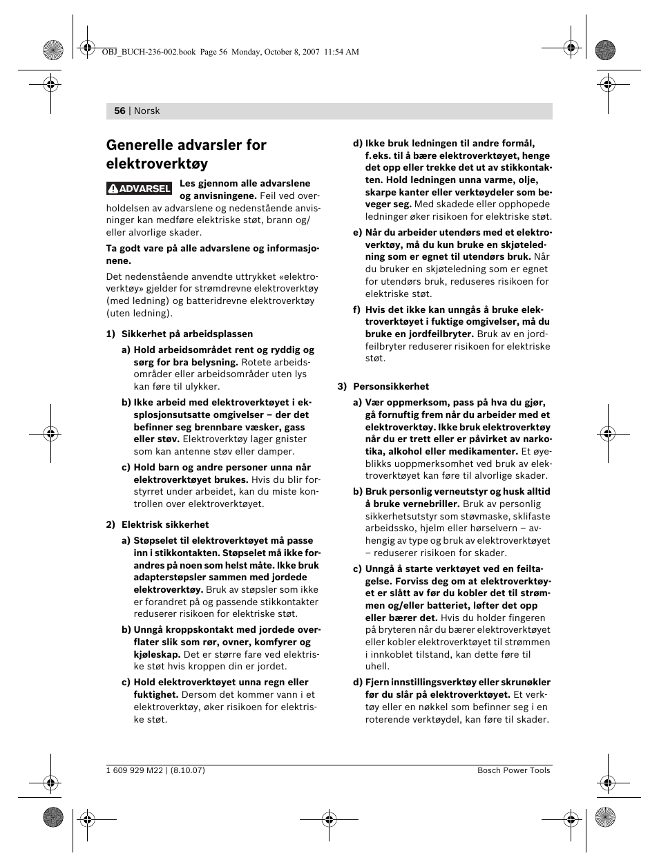 Generelle advarsler for elektroverktøy | Bosch GNA 2,0 Professional User Manual | Page 56 / 159