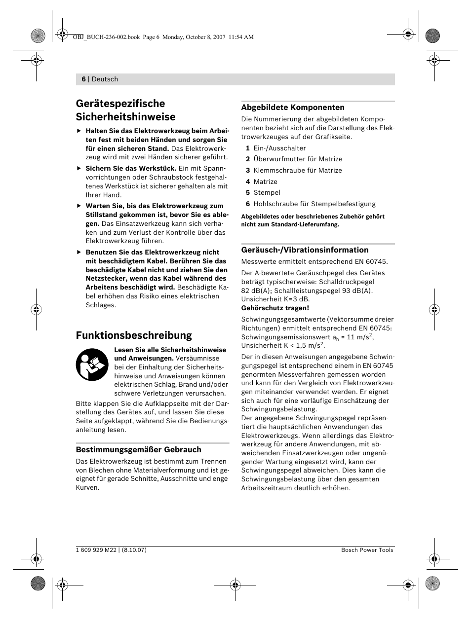 Gerätespezifische sicherheitshinweise, Funktionsbeschreibung | Bosch GNA 2,0 Professional User Manual | Page 6 / 159