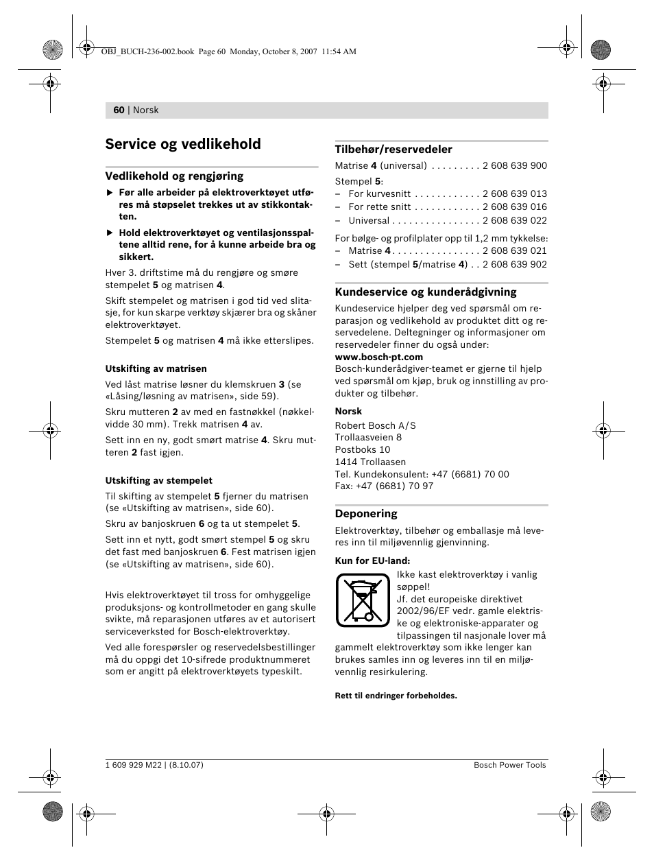 Service og vedlikehold | Bosch GNA 2,0 Professional User Manual | Page 60 / 159