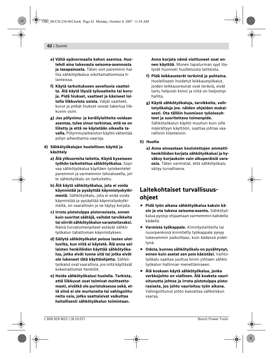 Laitekohtaiset turvallisuus- ohjeet | Bosch GNA 2,0 Professional User Manual | Page 62 / 159