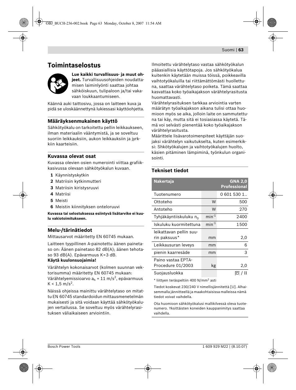 Toimintaselostus | Bosch GNA 2,0 Professional User Manual | Page 63 / 159