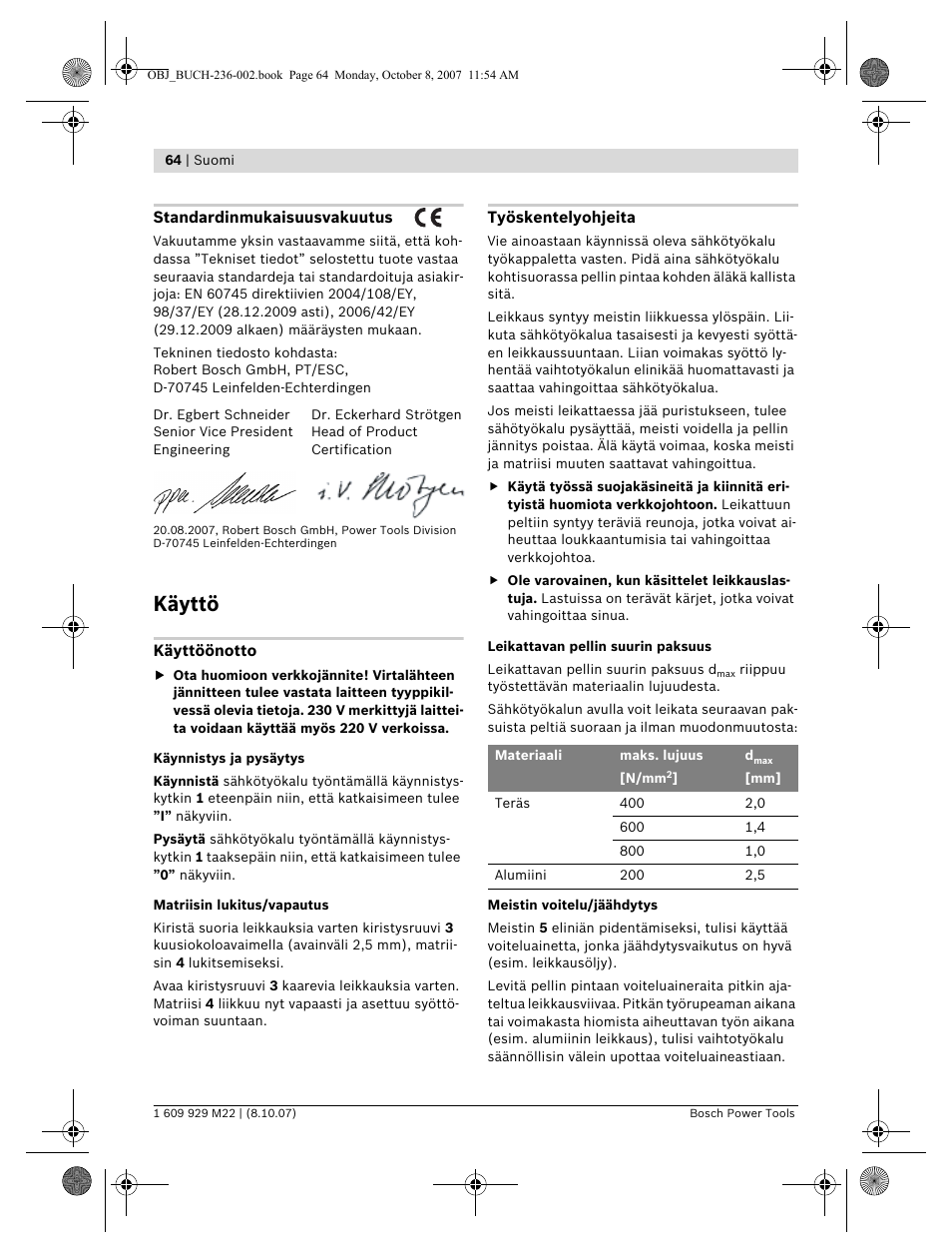 Käyttö | Bosch GNA 2,0 Professional User Manual | Page 64 / 159