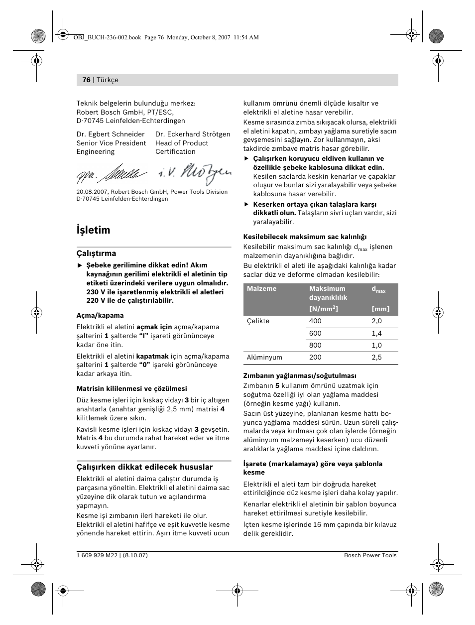 Işletim | Bosch GNA 2,0 Professional User Manual | Page 76 / 159