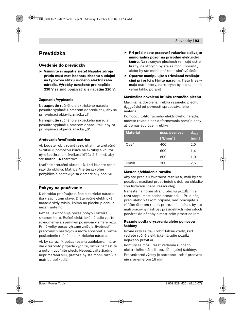 Prevádzka | Bosch GNA 2,0 Professional User Manual | Page 93 / 159