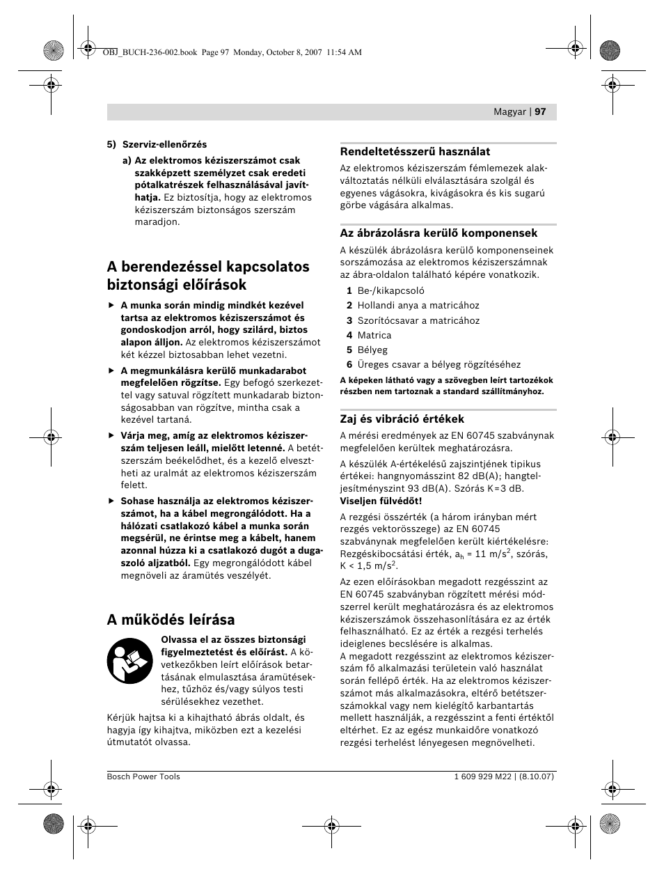 A berendezéssel kapcsolatos biztonsági előírások, A működés leírása | Bosch GNA 2,0 Professional User Manual | Page 97 / 159