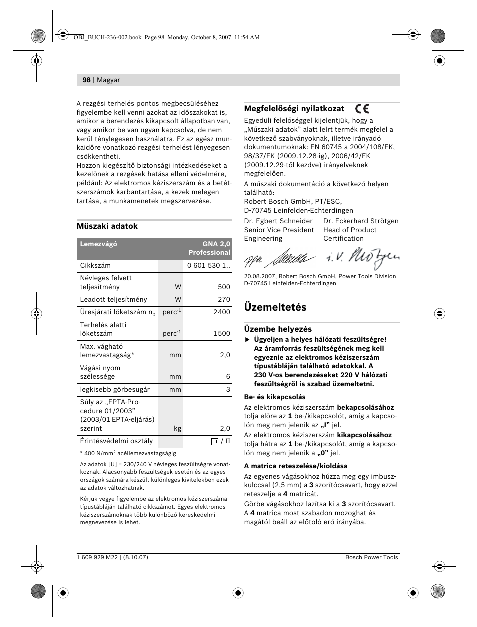 Üzemeltetés | Bosch GNA 2,0 Professional User Manual | Page 98 / 159