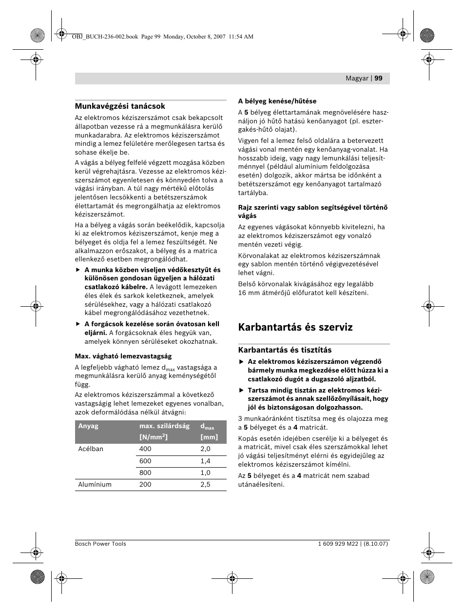 Karbantartás és szerviz | Bosch GNA 2,0 Professional User Manual | Page 99 / 159