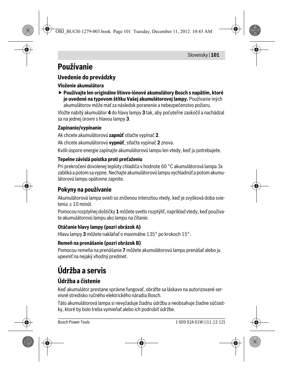 Používanie, Údržba a servis | Bosch GLI VariLED Professional User Manual | Page 101 / 181