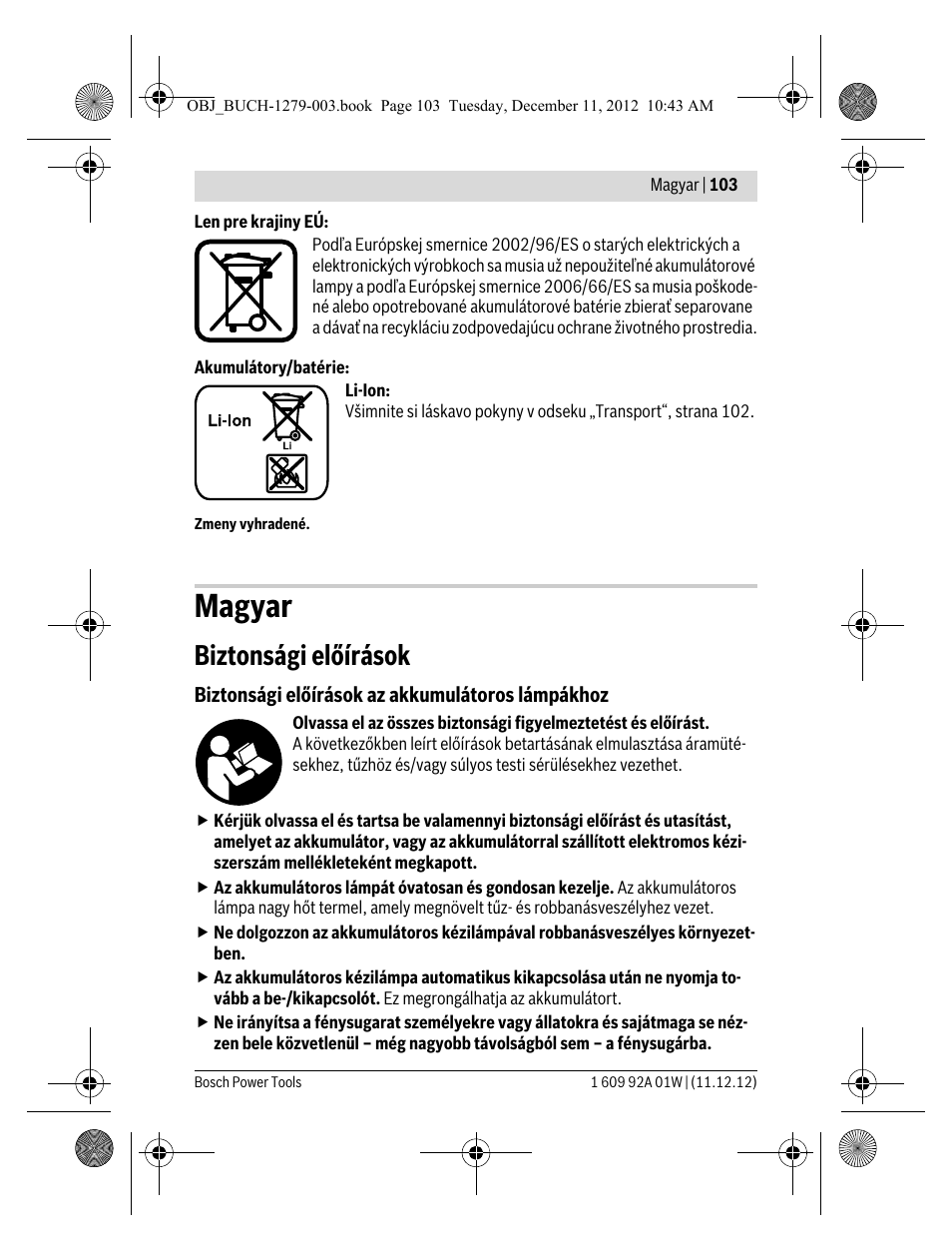 Magyar, Biztonsági előírások | Bosch GLI VariLED Professional User Manual | Page 103 / 181