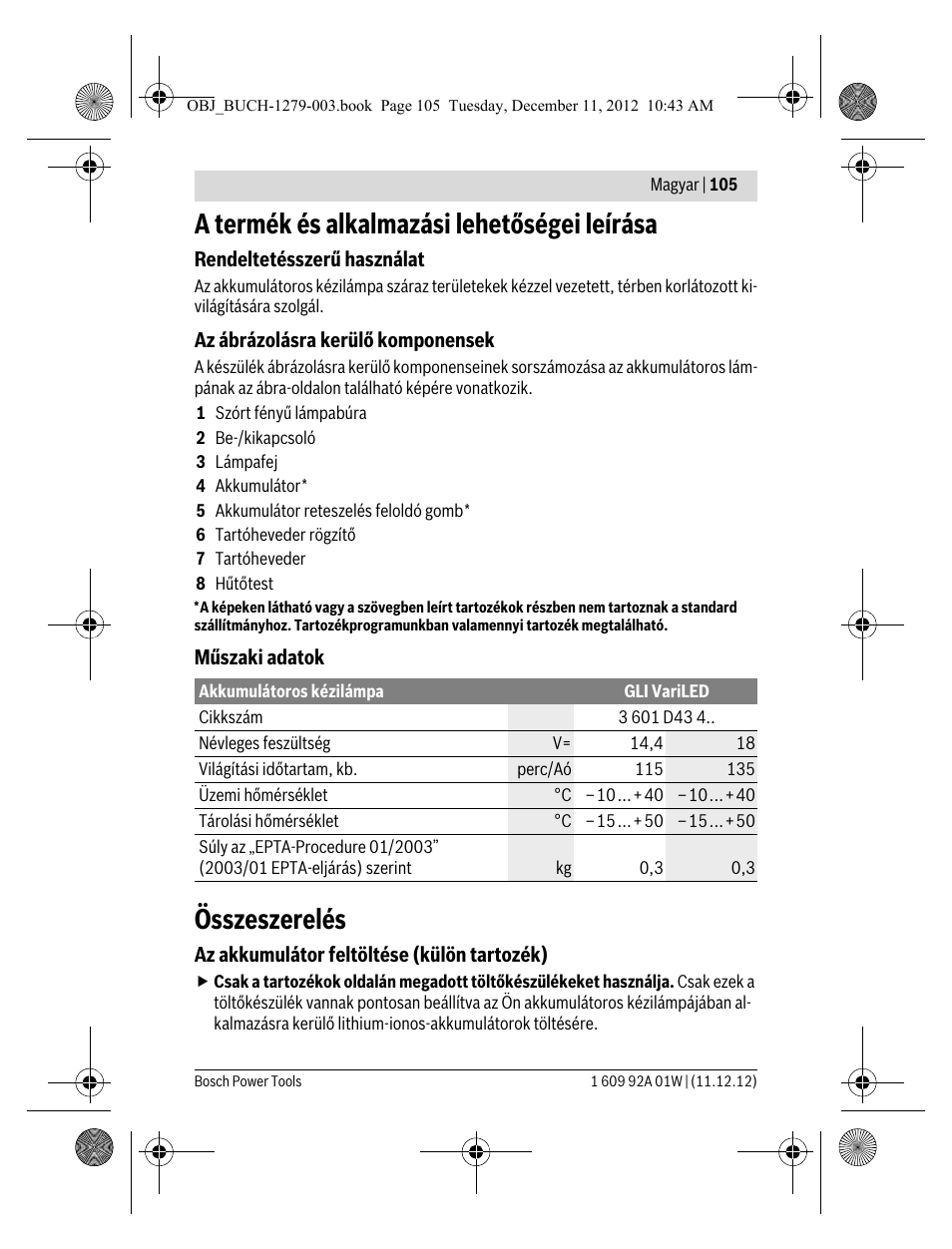 A termék és alkalmazási lehetőségei leírása, Összeszerelés | Bosch GLI VariLED Professional User Manual | Page 105 / 181