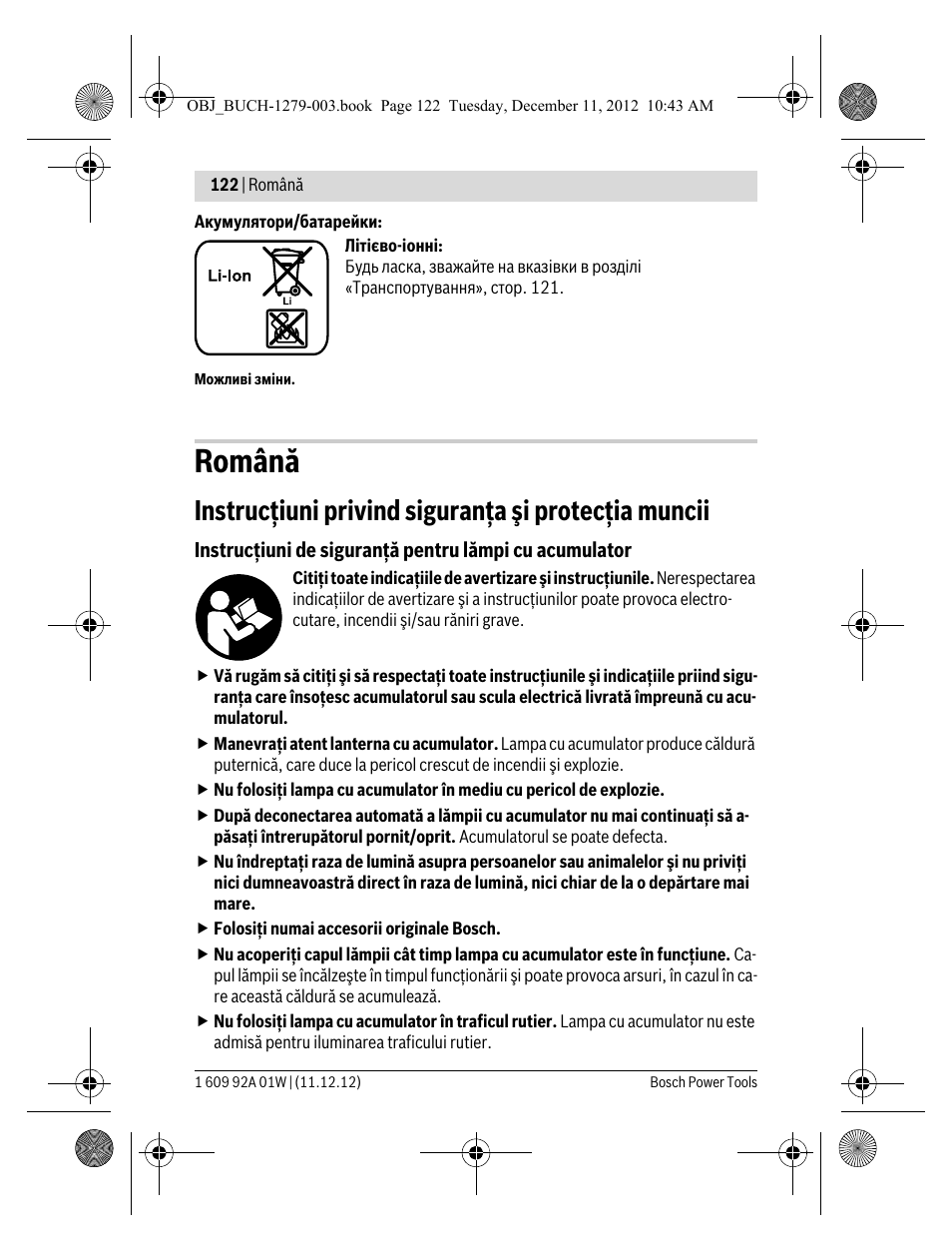 Română, Instrucţiuni privind siguranţa şi protecţia muncii | Bosch GLI VariLED Professional User Manual | Page 122 / 181