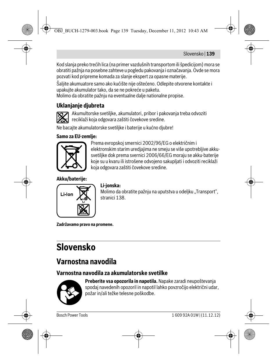 Slovensko, Varnostna navodila | Bosch GLI VariLED Professional User Manual | Page 139 / 181