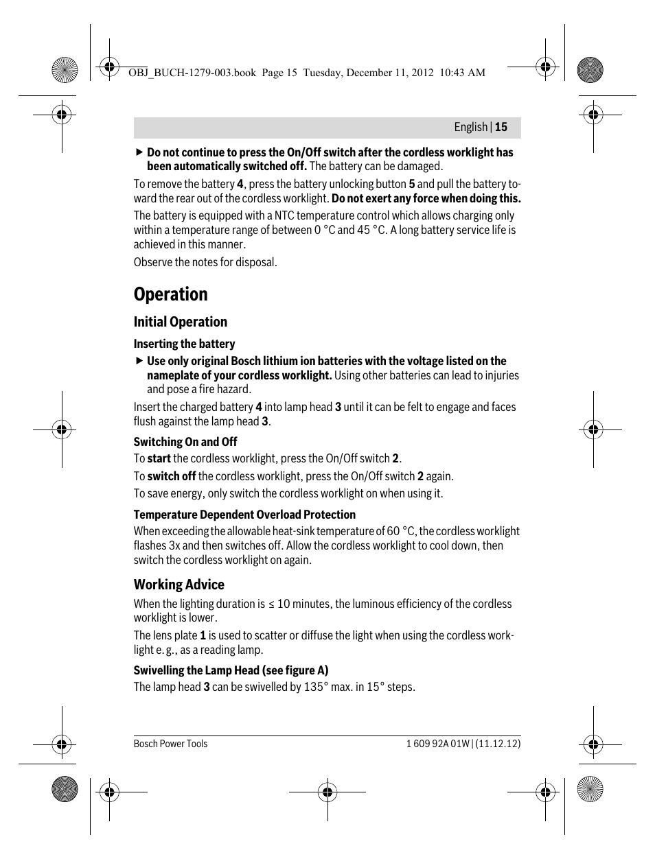 Operation | Bosch GLI VariLED Professional User Manual | Page 15 / 181