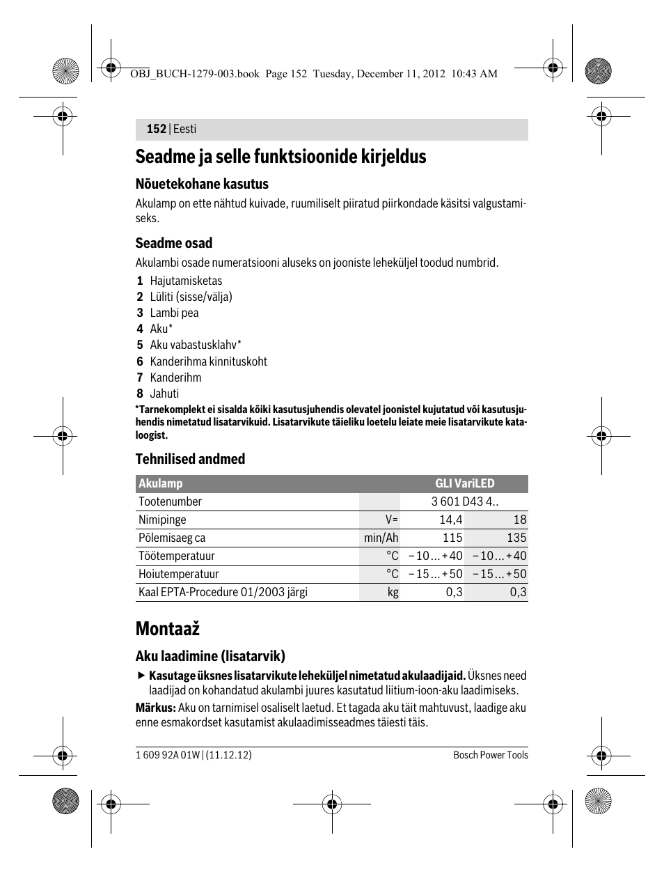 Seadme ja selle funktsioonide kirjeldus, Montaaž | Bosch GLI VariLED Professional User Manual | Page 152 / 181