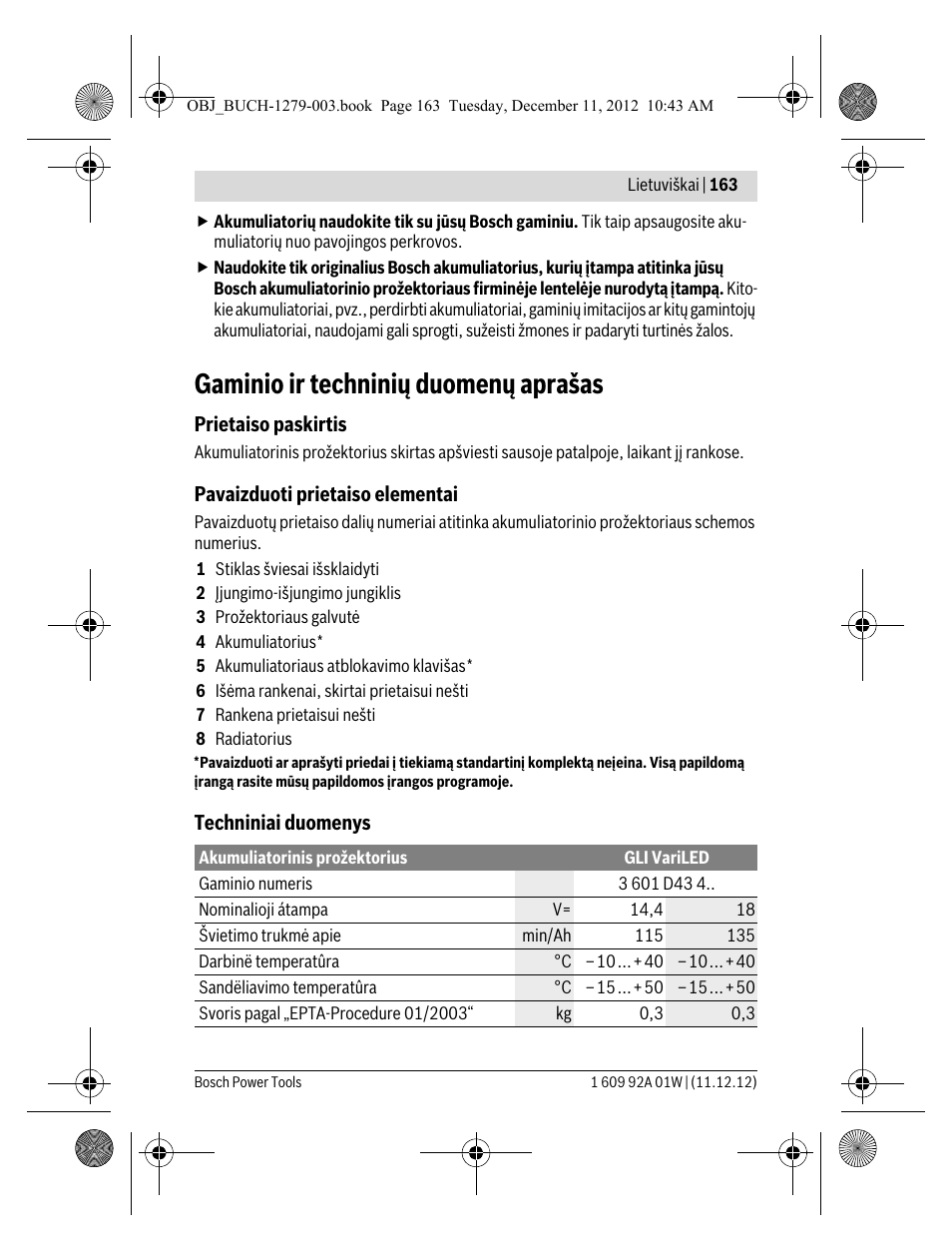 Gaminio ir techninių duomenų aprašas | Bosch GLI VariLED Professional User Manual | Page 163 / 181