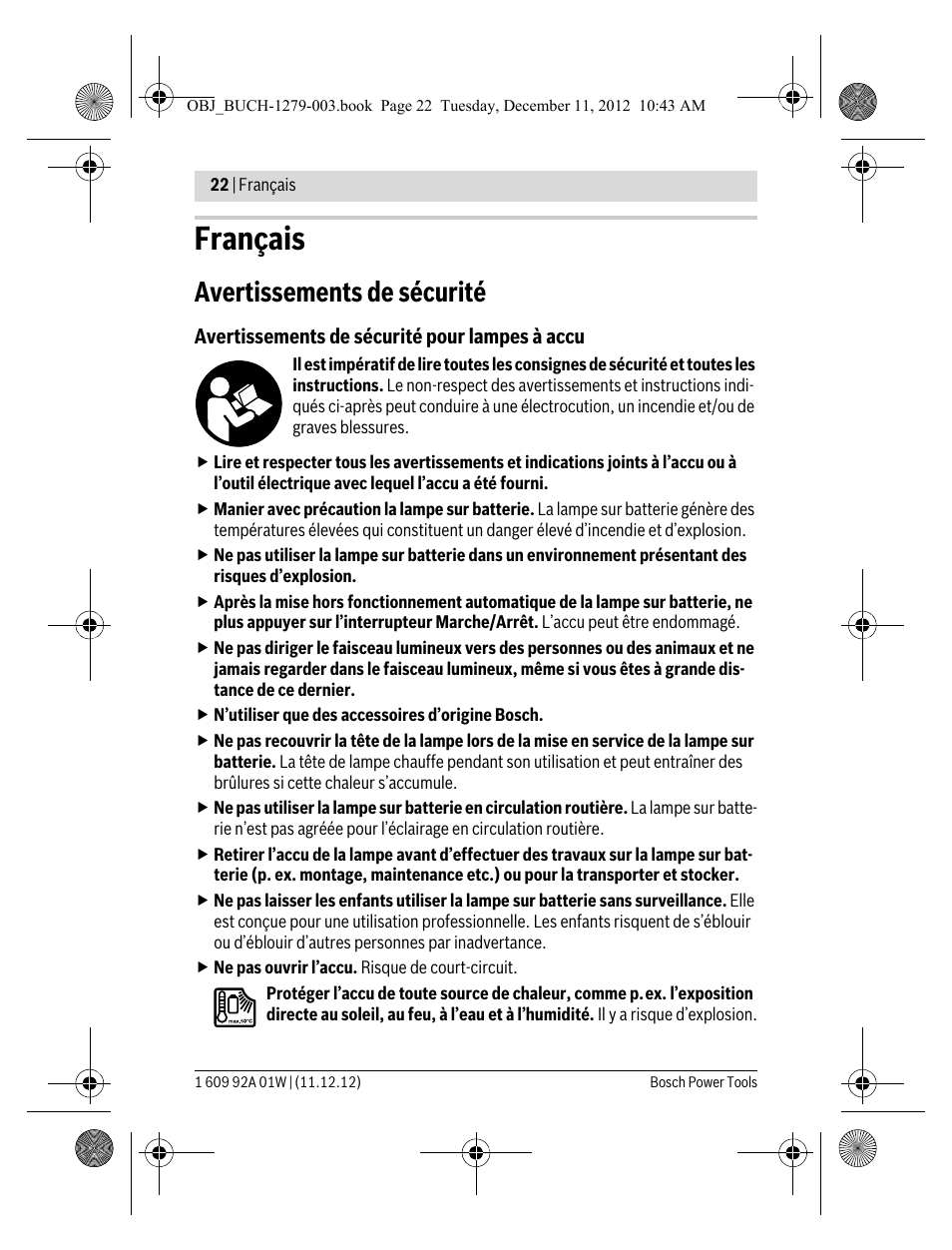 Français, Avertissements de sécurité | Bosch GLI VariLED Professional User Manual | Page 22 / 181