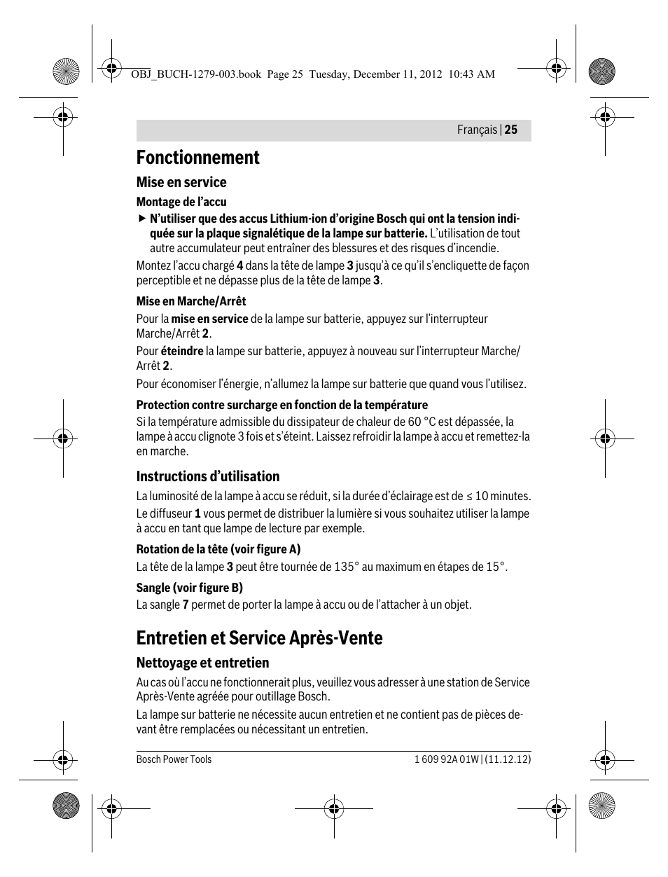 Fonctionnement, Entretien et service après-vente | Bosch GLI VariLED Professional User Manual | Page 25 / 181