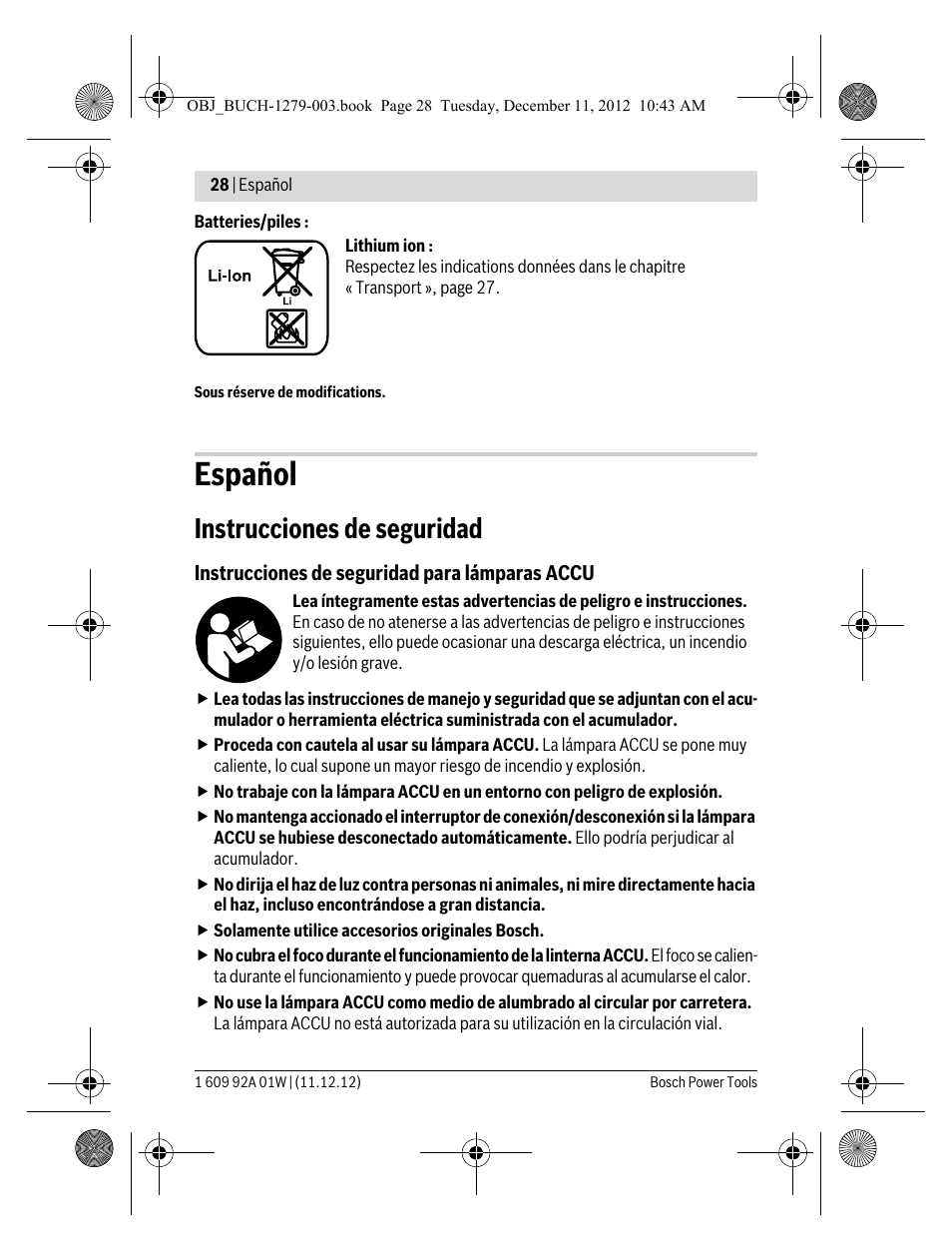 Español, Instrucciones de seguridad | Bosch GLI VariLED Professional User Manual | Page 28 / 181