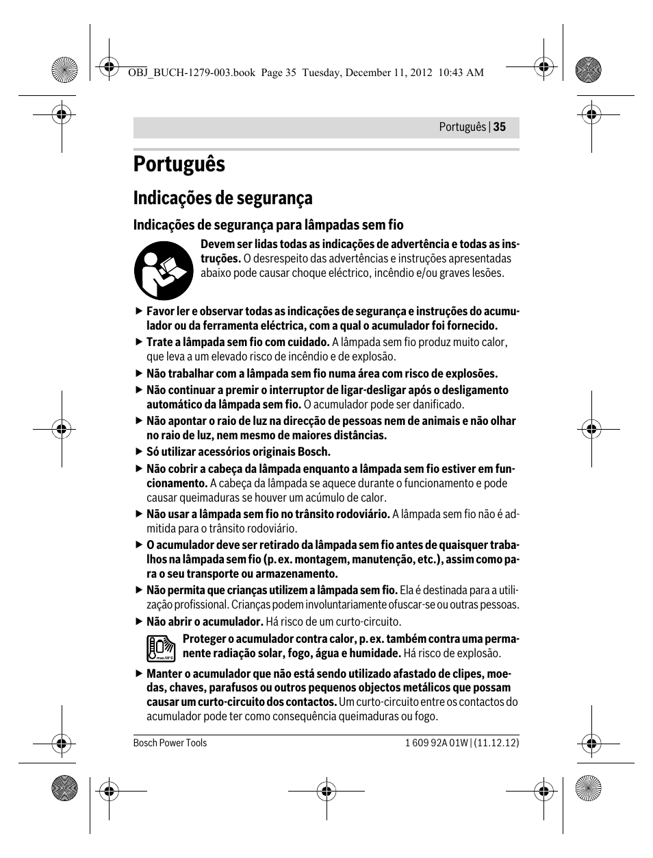 Português, Indicações de segurança | Bosch GLI VariLED Professional User Manual | Page 35 / 181