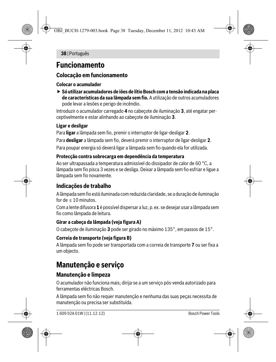 Funcionamento, Manutenção e serviço | Bosch GLI VariLED Professional User Manual | Page 38 / 181