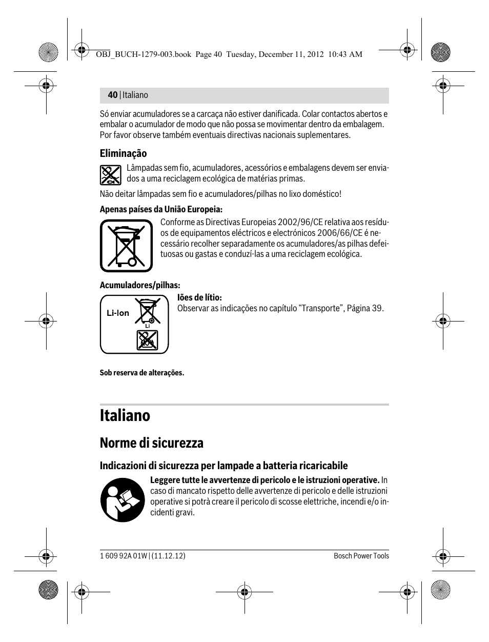 Italiano, Norme di sicurezza | Bosch GLI VariLED Professional User Manual | Page 40 / 181