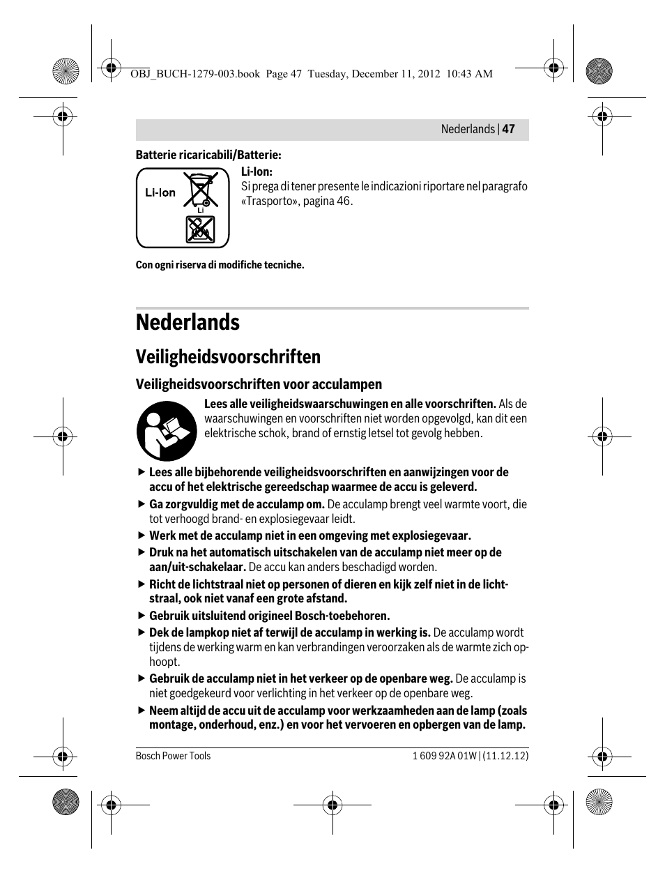 Nederlands, Veiligheidsvoorschriften | Bosch GLI VariLED Professional User Manual | Page 47 / 181